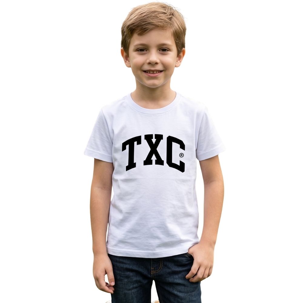 Camiseta Infantil TXC Custom Regular Meia Malha Penteada Branca Logo Preto Ref: 19737i