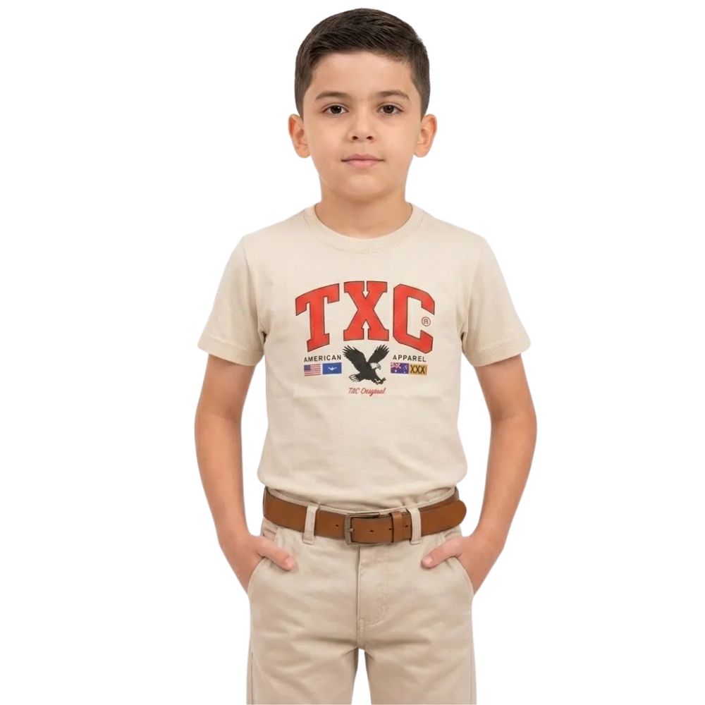 Camiseta Infantil TXC Manga Curta Regular Fio30 Areia Estampada Logo Vermelho Ref:192923I