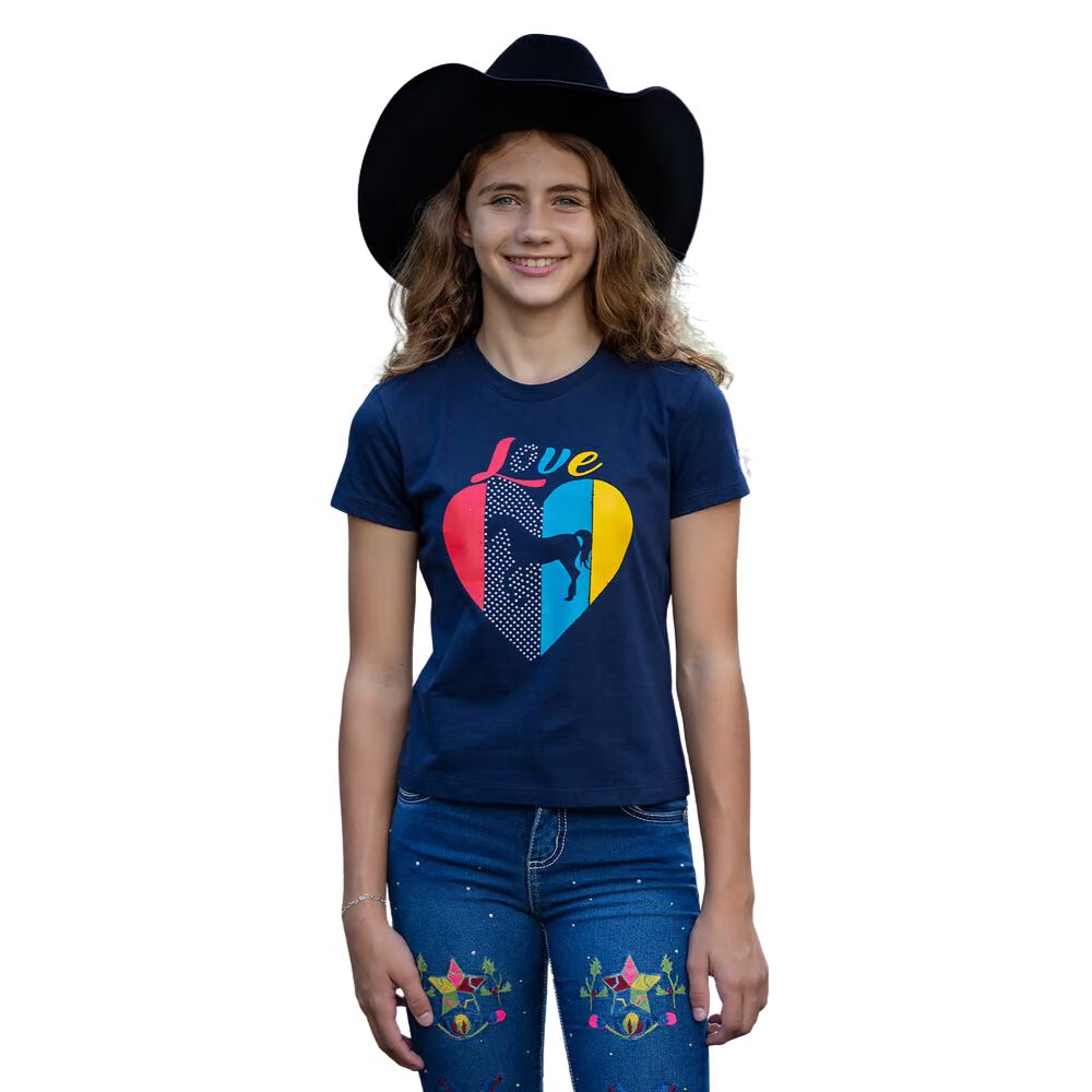 Camiseta Infantil West Dust Baby Look Azul Marinho Love Com Bordado De Coração Ref:BL28650