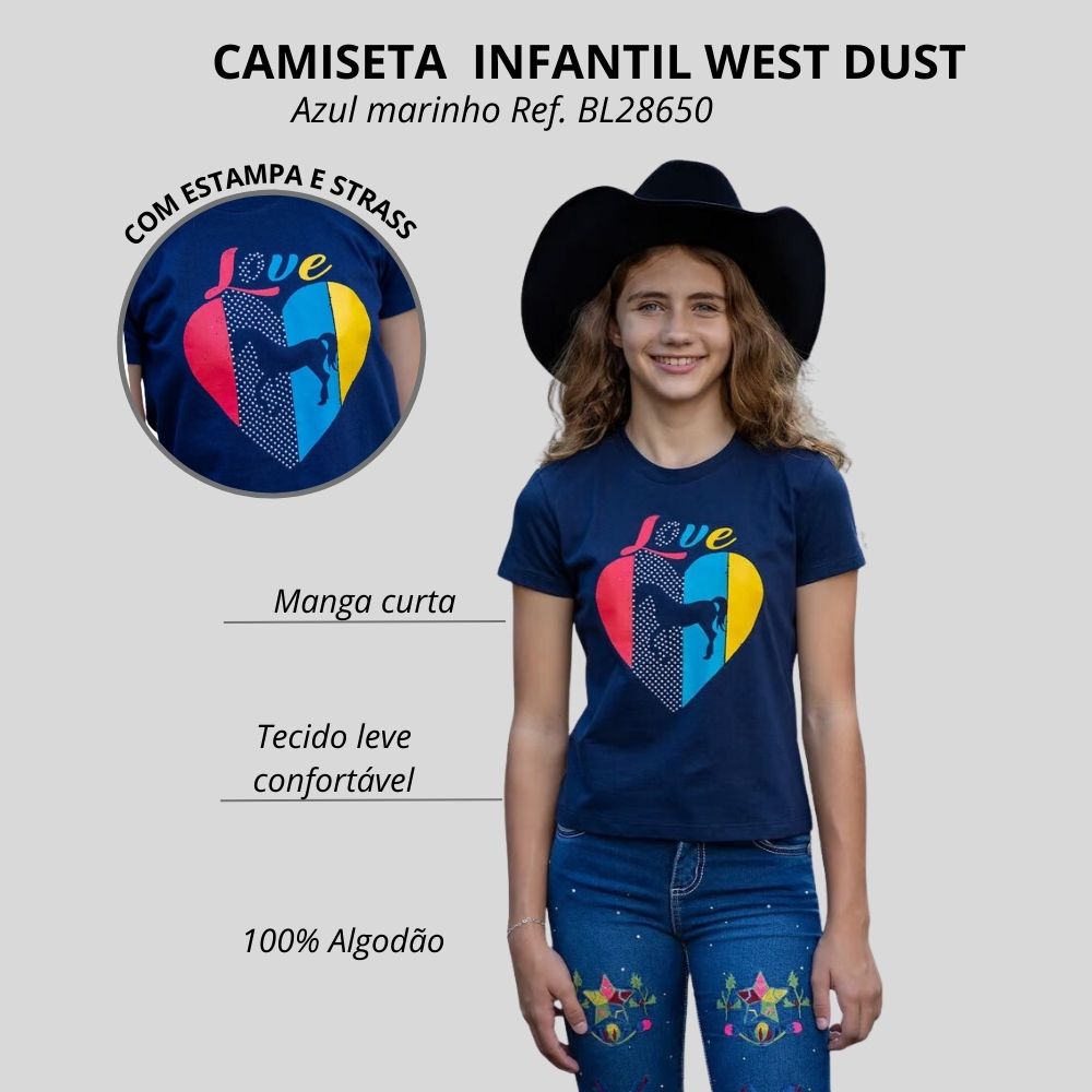 Camiseta Infantil West Dust Baby Look Azul Marinho Love Com