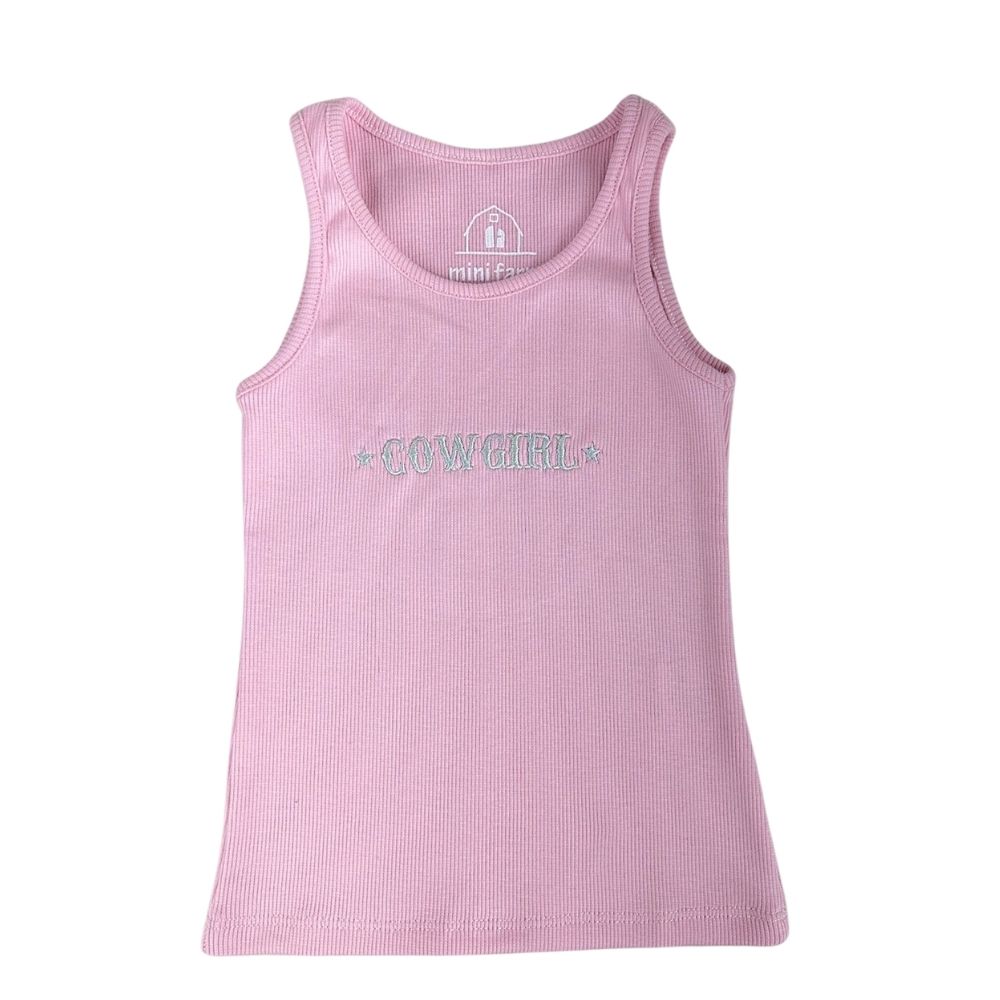 Camiseta Regata Infantil Mini Farm Cor Rosa Com Bordado Cowgirl Prata REF: MF127