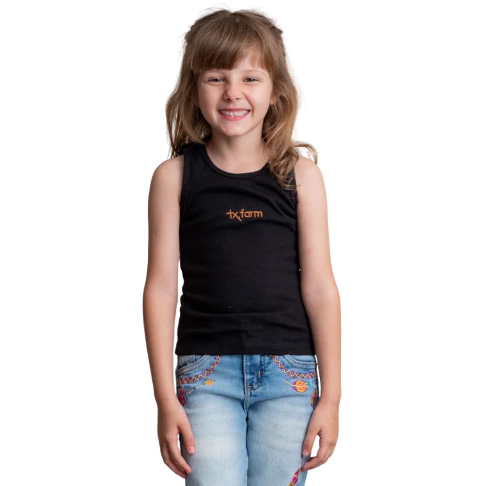 Regata Infantil Texas Farm Canelada Mini Teen Preta Com Bordado Caramelo Ref:RTTEEN0001