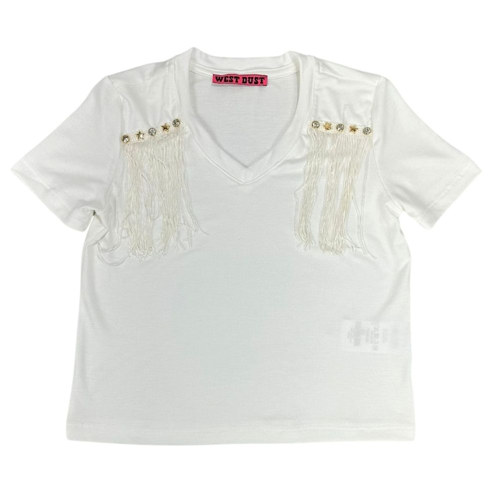 Camiseta T-Shirt Infantil Feminina West Dust Off White Com Pedras Brilhantes e Franjas Nos Ombros Ref.TS29358