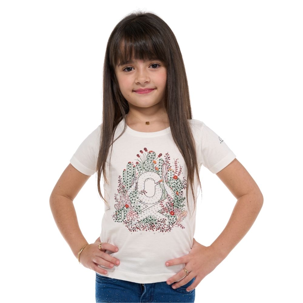 Camiseta Tshirt Infantil Ox Horns Creme Manga Curta Com Desenho De Cactus E Brilho REF: 5250