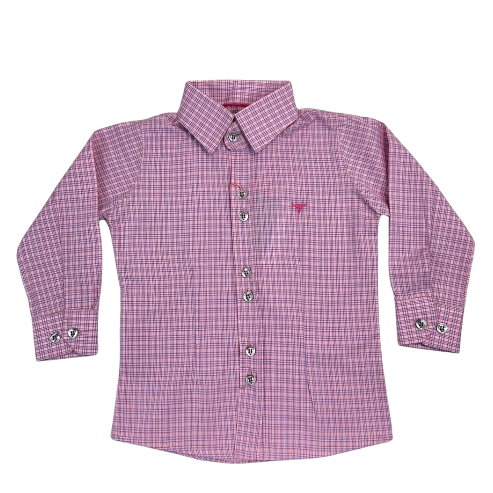 Camisa Infantil Laço Forte Manga Longa Xadrez Rosa/Pink Com Logo Pink