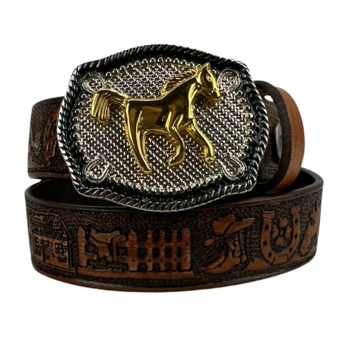 Cinto Infantil Pyramid Country Couro Marrom Havana Fazendinha Com Fivela Cavalinho Dourado - Ref.521