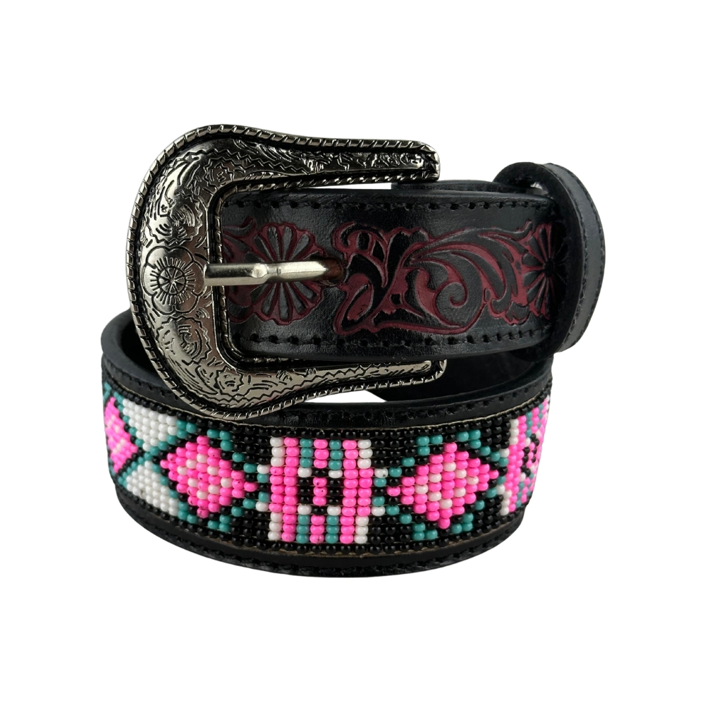 Cinto Infantil Pyramid Country Couro Preto Miçangas Rosa Fivela Prata Ref: PY-703