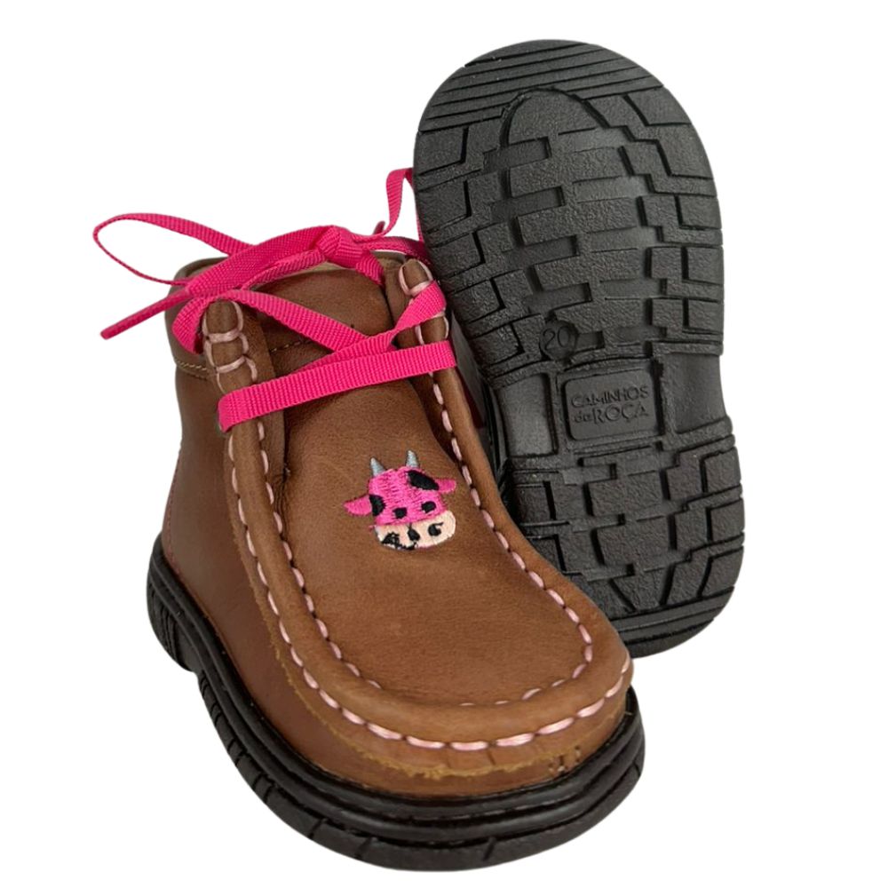 Destroyer Infantil Caminhos Da Roça Couro Caramelo Pink Com Bordado Vaquinha Pink Ref:KB48-KI119