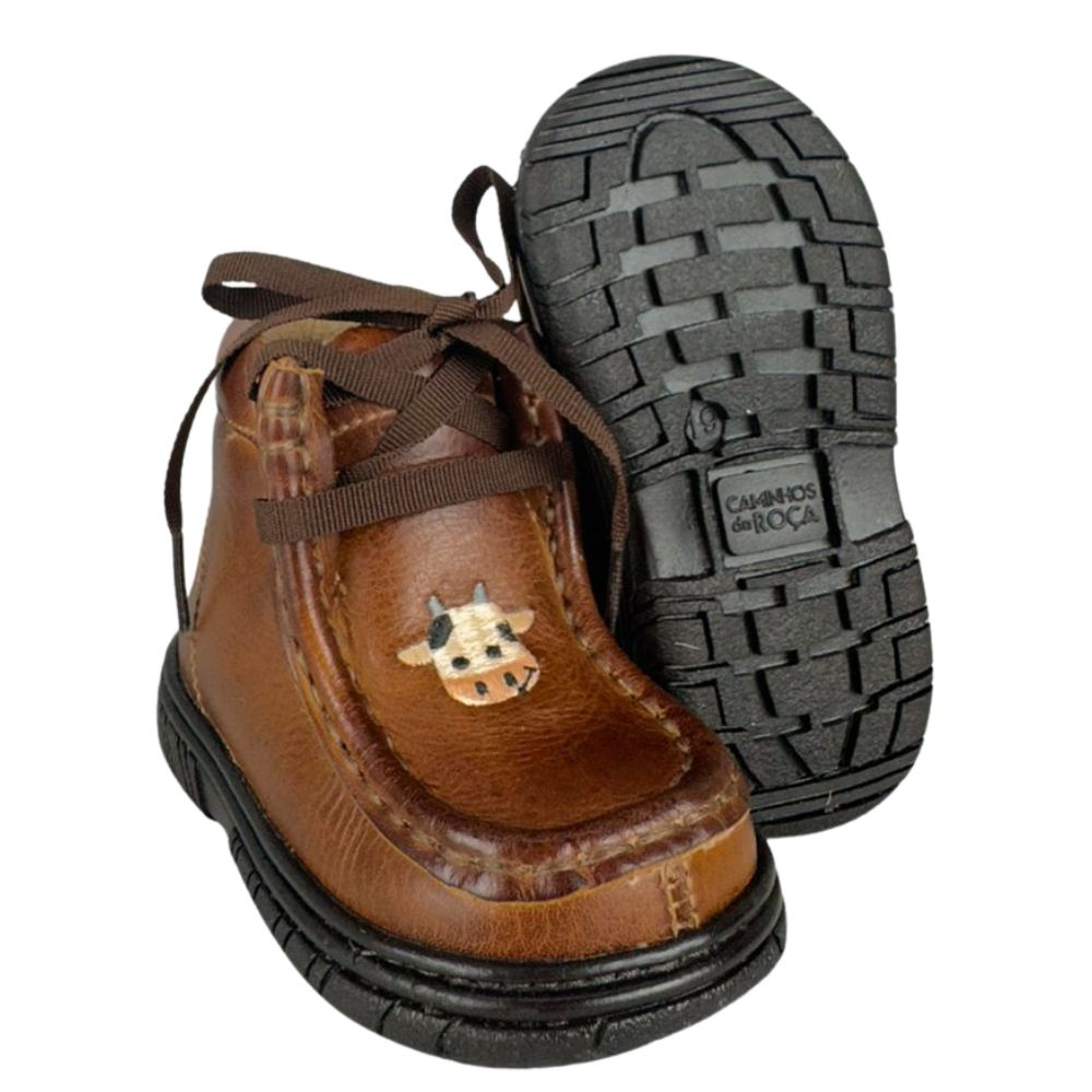 Coturno Destroyer Infantil Caminhos Da Roça Couro Whisky Escuro Café Com Bordado Vaquinha Ref:KB48-1-KI119-1