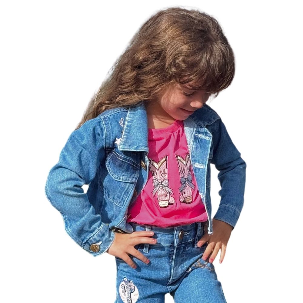 Jaqueta Cropped Infantil Country City Jeans Cecilia Azul Claro Manga Longa Bordado Bota E Cactos Ref: JCI2048