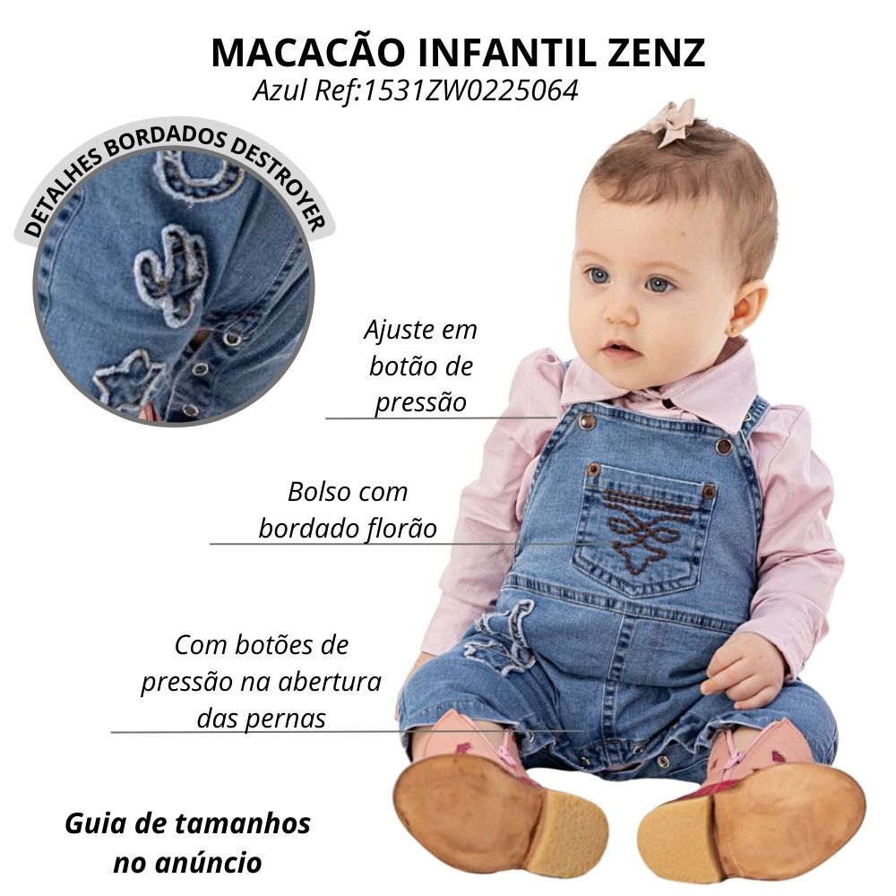Macacão Baby Zenz Blue Jeans Médio Com Regulagem E Bordados Ref