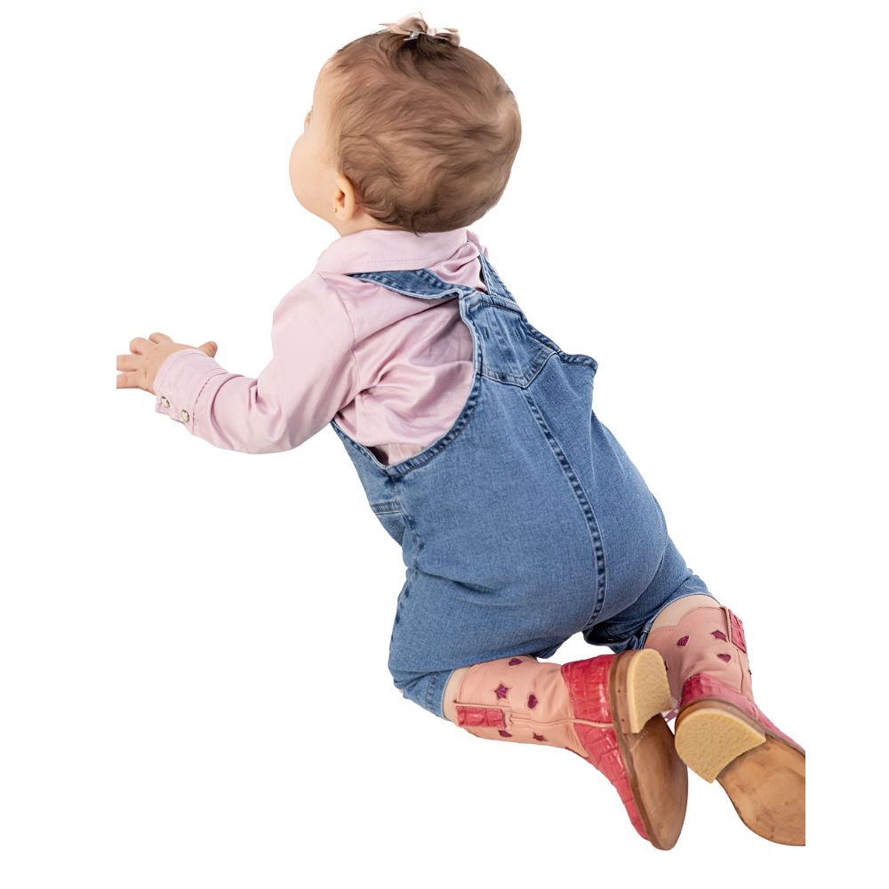 Macacão Baby Zenz Blue Jeans Médio Com Regulagem E Bordados Ref