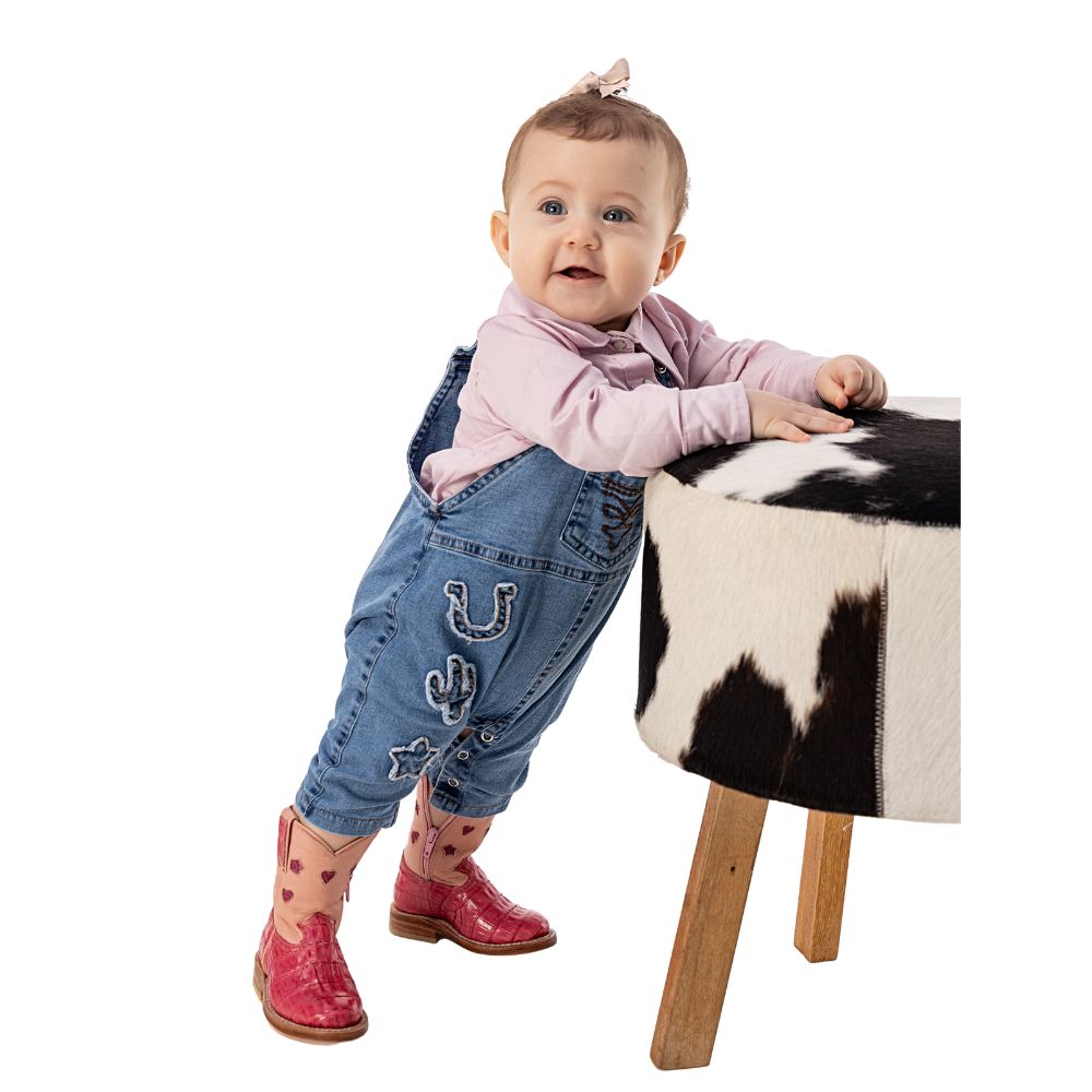Macacão Baby Zenz Blue Jeans Médio Com Regulagem E Bordados Ref