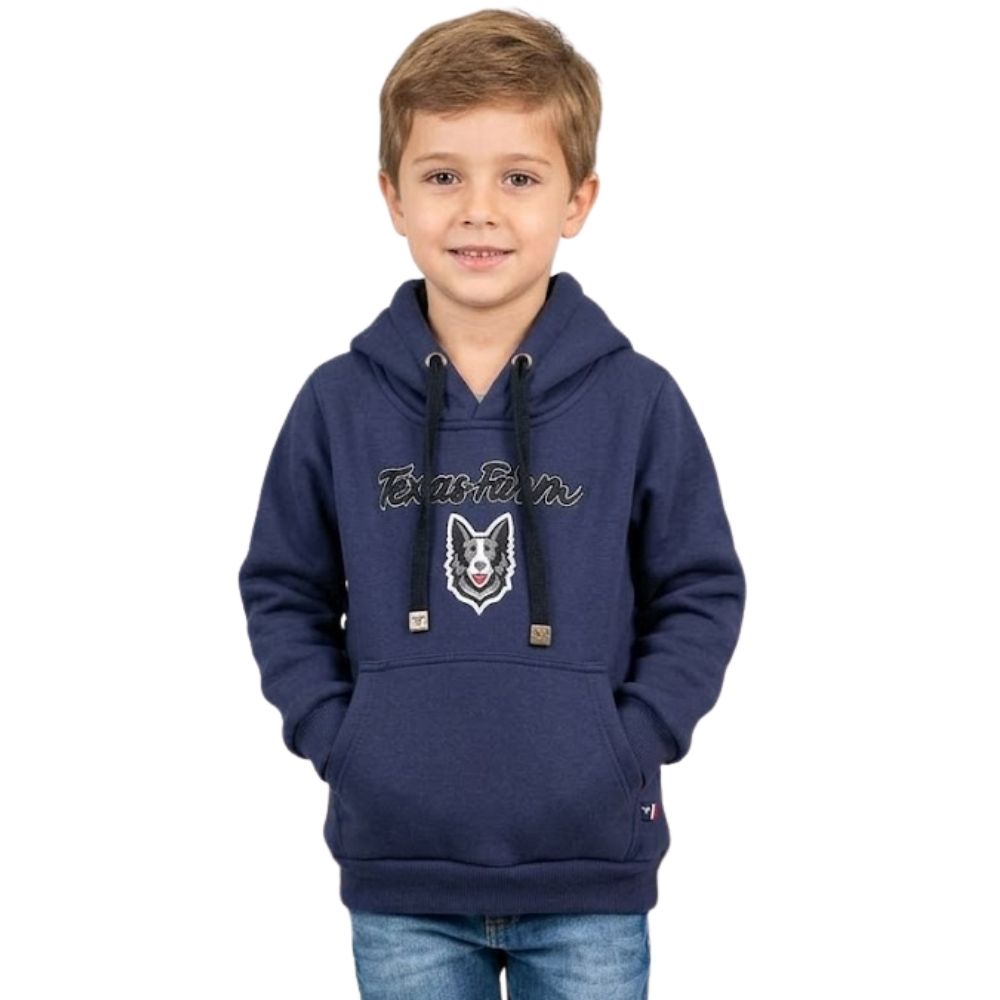 Moletom Infantil Texas Farm Azul Marinho Canguru Com Capuz Estampa Cinza Claro E Preto -REF:MTMINI004/MTTEEN004