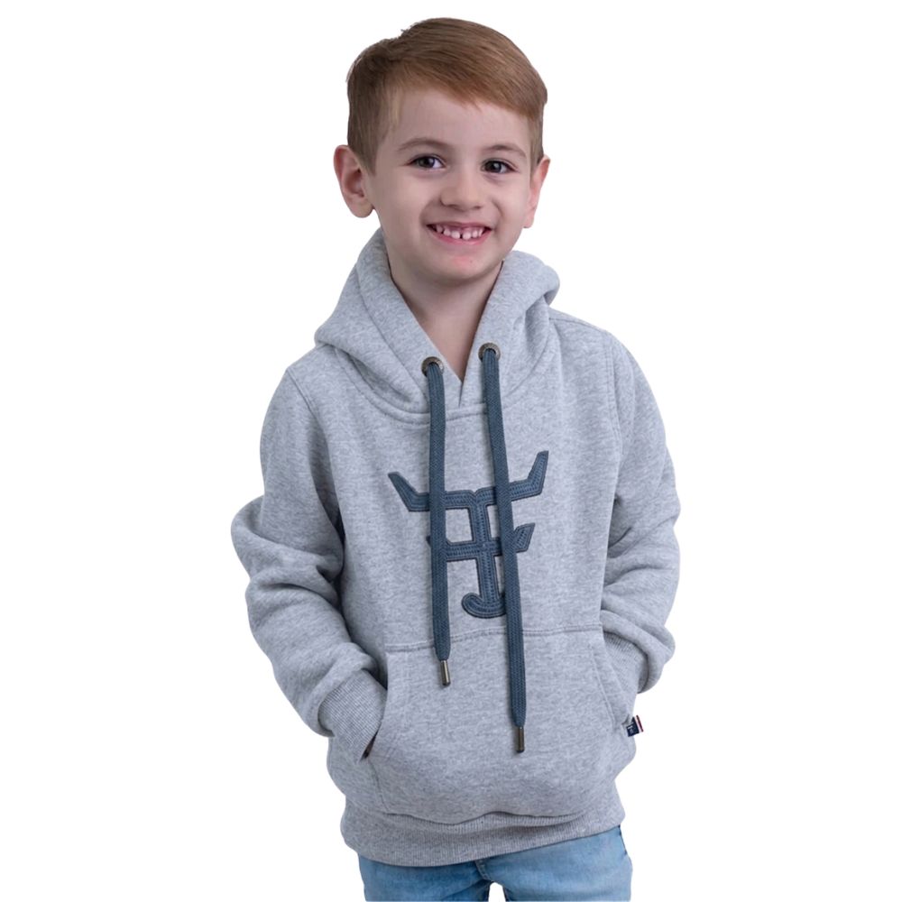 Moletom Infantil Texas Farm Cinza Com Logo Bordado Modelo Canguru Com Capuz Ref:MTMINI0001/MTEEN0001