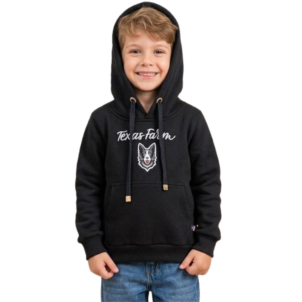 Moletom Infantil Texas Farm Preto Canguru Com Capuz Estampa Cinza Claro REF:MTMINI004/MTEEN004