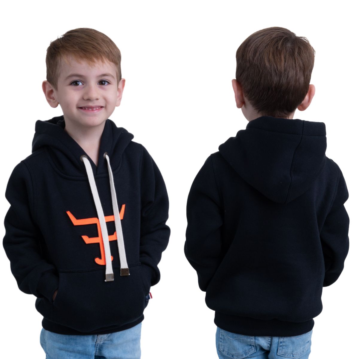 Moletom Infantil Texas Farm Preto Modelo Canguru Com Logo Laranja Neon Ref:MTMINI 001