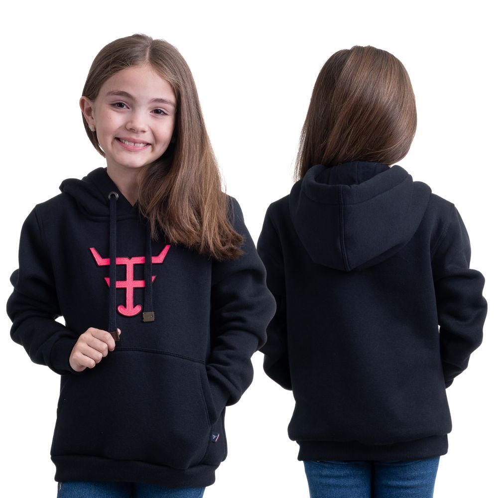 Moletom Infantil Texas Farm Preto Modelo Canguru Com Logo Rosa Neon Ref:MTMINI 001