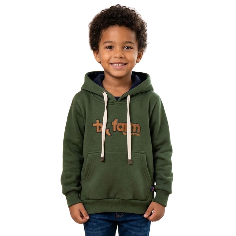 Moletom Infantil Texas Farm Verde Militar Com Logo Caramelo Modelo Canguru Com Capuz Ref:MTEEN0002