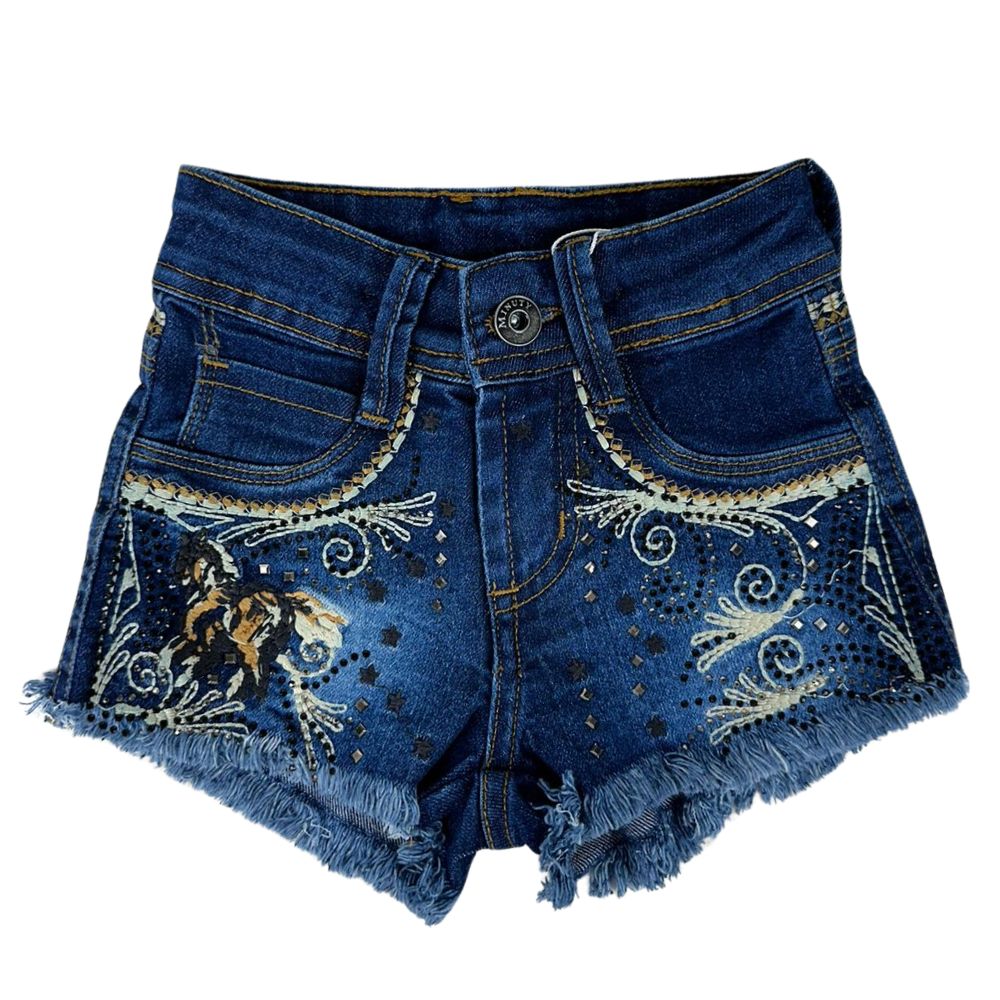 Shorts Infantil Jeans Azul Com Bordado E Strass Detalhe Desfiado Ref:251746