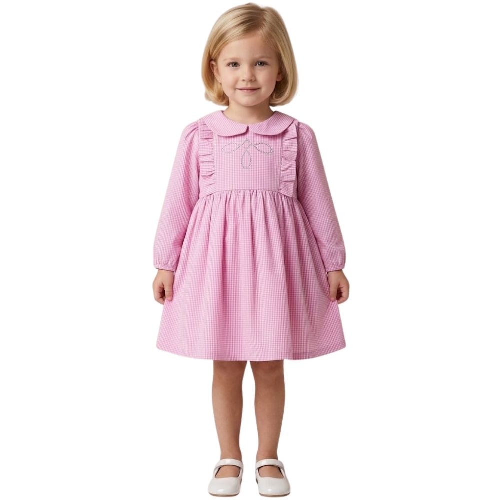 Vestido Baby Ranch Manga Longa Xadrez Rosa E Branco Com Bordado Brilho - REF:501