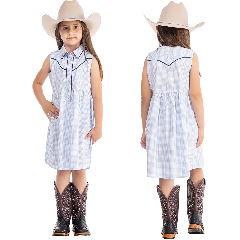 Vestido Infantil Zenz Western Kids Little Farm S/ Manga Xadrez Com Brilho Azul Claro Pingente Ref:ZW0325059-1553