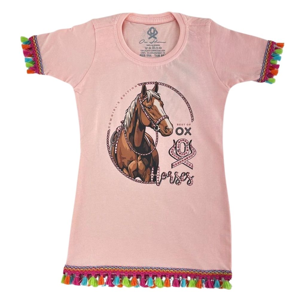 Vestido Infantil Ox Horns Manga Curta Rosa Com Franjinhas Coloridas Estampa De Cavalo Ref:5316