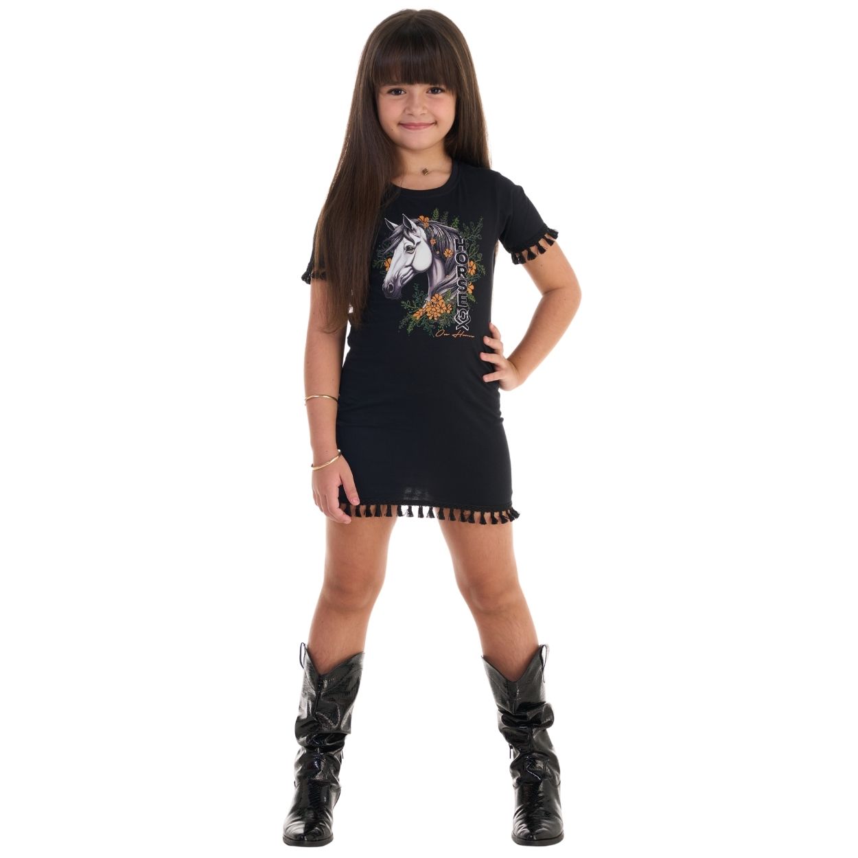 Vestido Infantil Ox Horns Preto Com Franjinha Estampa De Cavalo Ref:5288