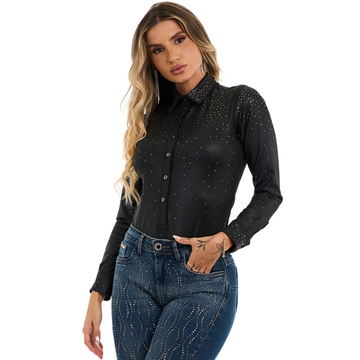 Body Feminino Buphallos Preto Camisete Manga Longa Com Brilho Total Ref.BPL1088