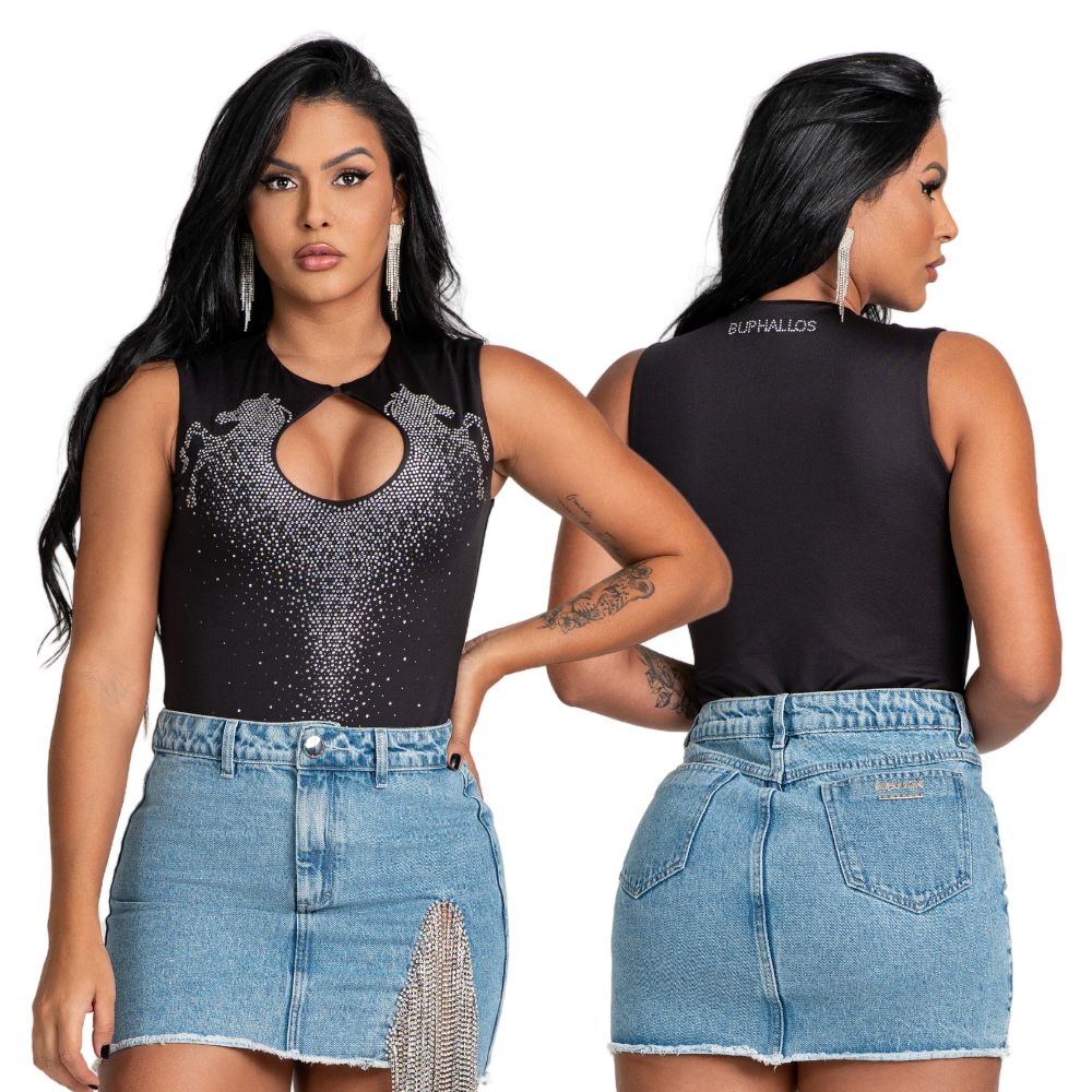 Body Feminino Buphallos Preto Sem Manga Com Bordados De Cavalo Em Strass Ref: BPL 1199