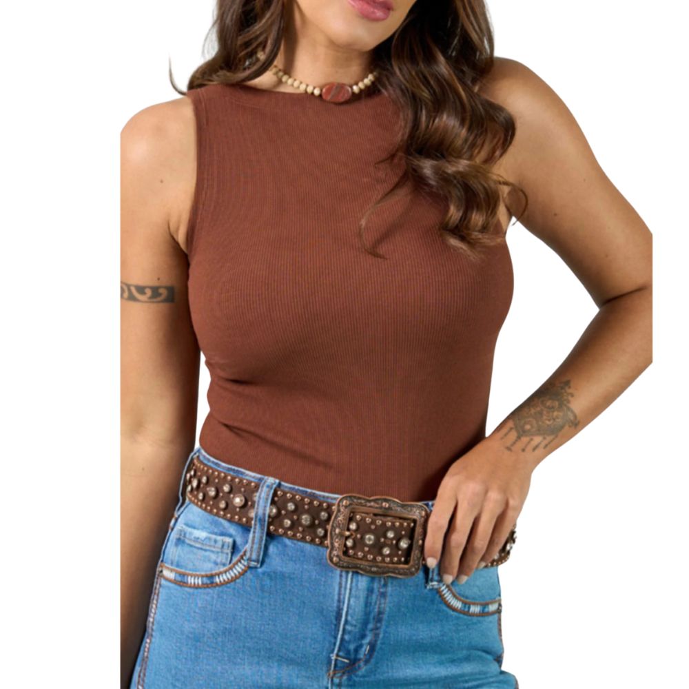 Body Feminino Miss Country Básico Sem Manga Com Logo Marrom Ref:003277