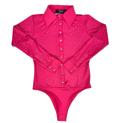 Body Feminino Miss Country Pink Manga Longa Colarinho E Punhos Bordados Com Brilhos Ref:3169