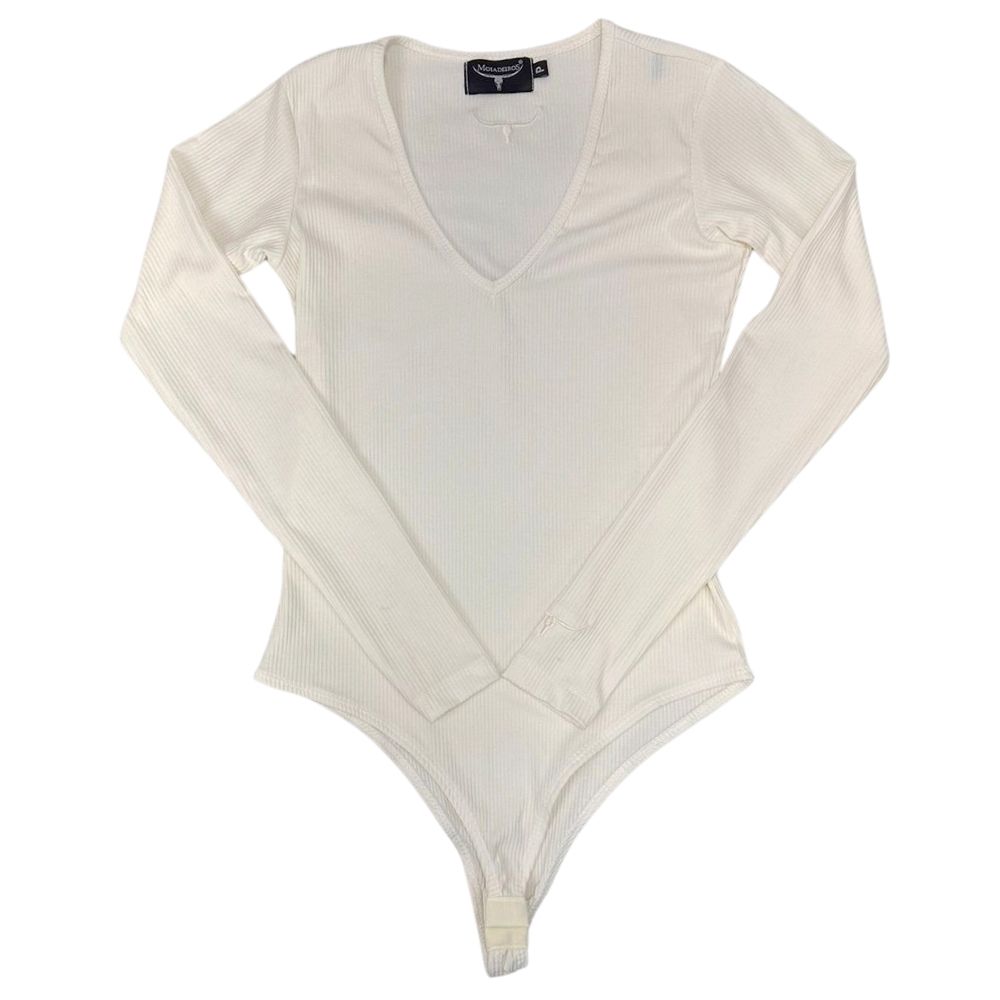 Body Feminino Moiadeiros Off White Manga Longa Decote V Canelado Com Logo no Punho Ref.BF127