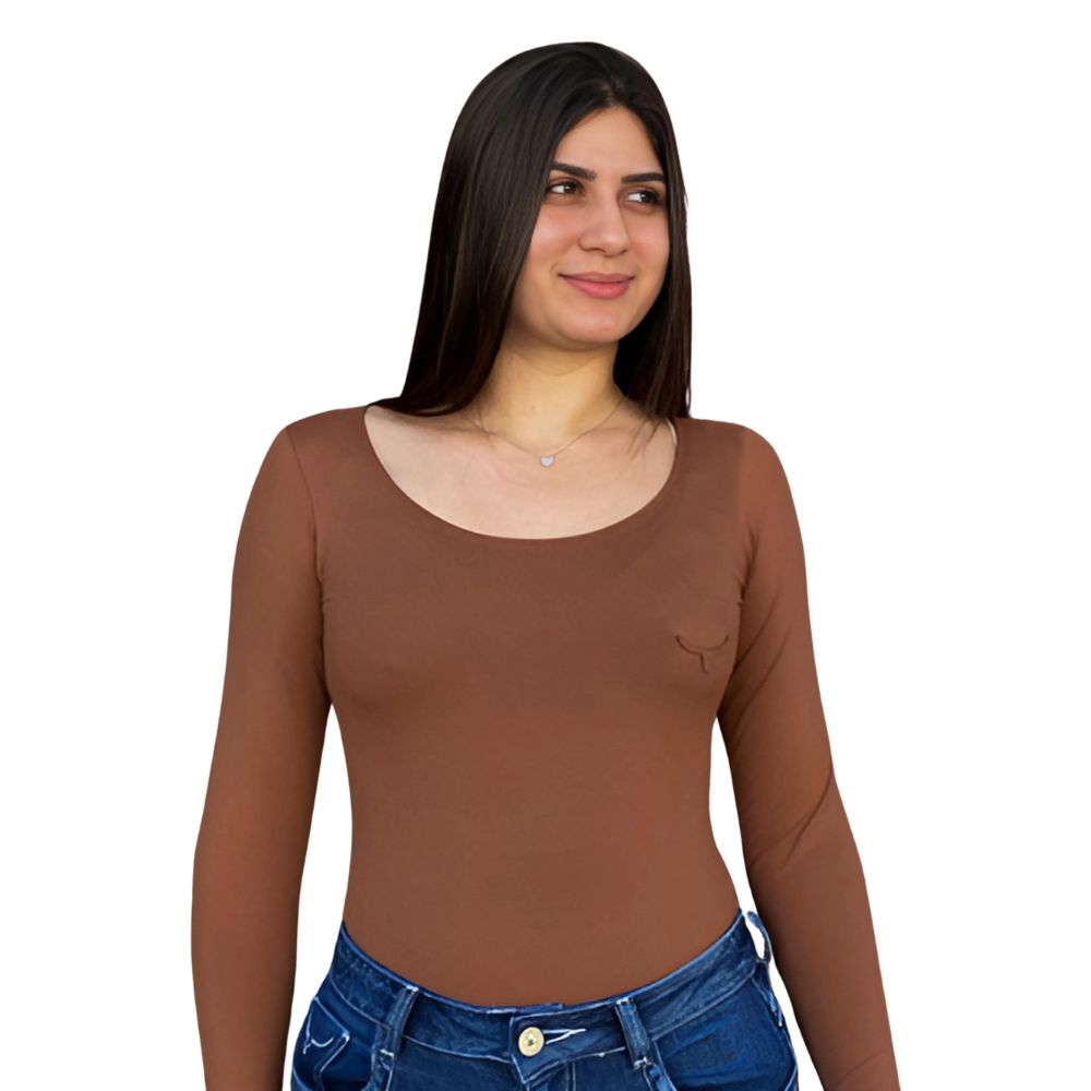 Body Feminino Os Moiadeiros Cacau Manga Longa Decote Redondo e Logo em Couro Ref.BF140