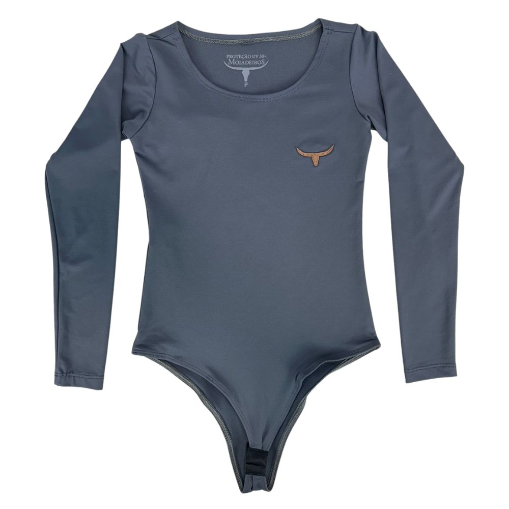 Body Feminino Os Moiadeiros Manga Longa Cinza Chumbo Com Logo Em Couro Ref:BF1154
