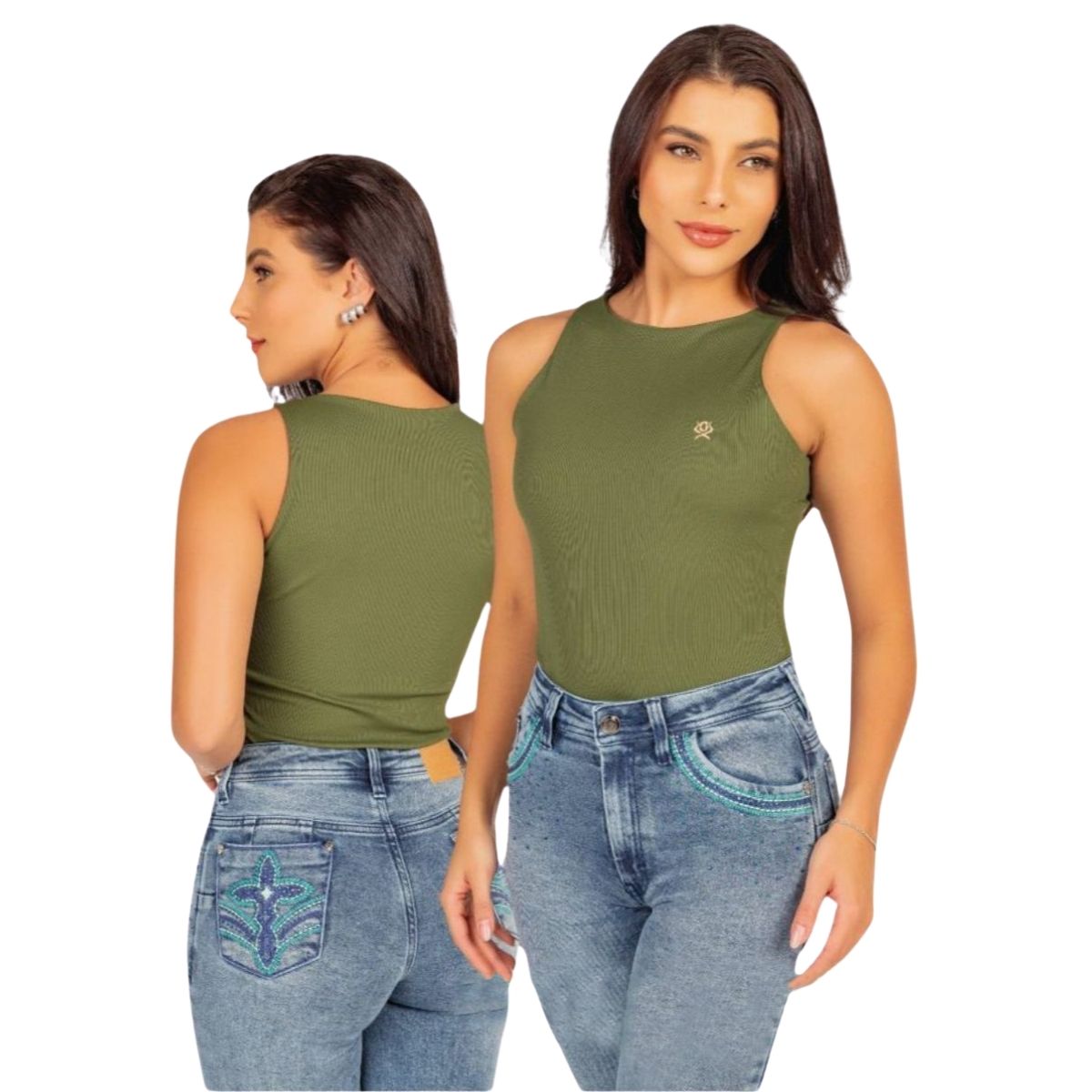 Body Feminino Ox Horns Sem Manga Modelo Canoa Verde Militar Com Logo Bordada R. 7016