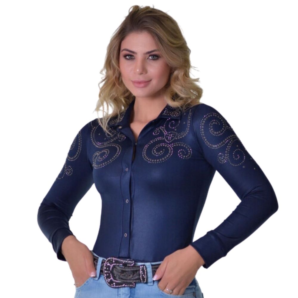 Body Feminino Radade Arabescos Azul Marinho Manga Longa