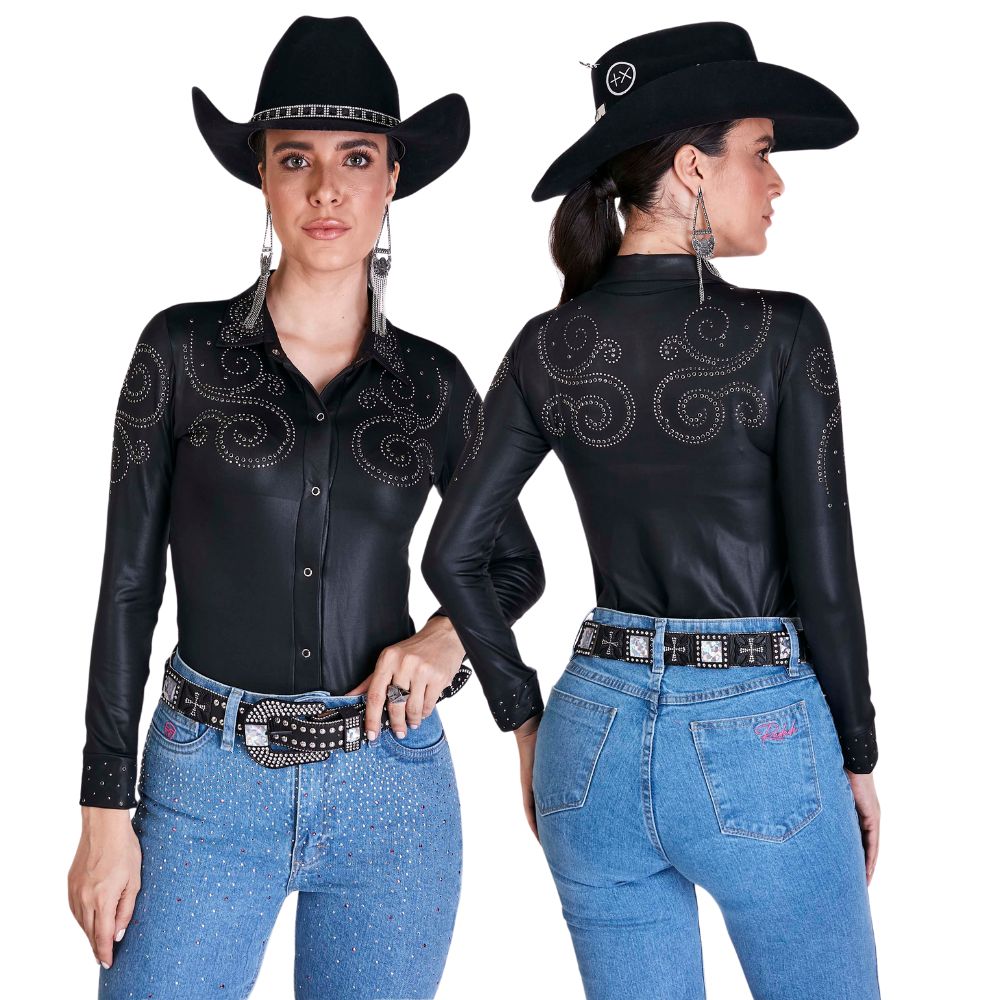 Body Feminino Radade Arabescos Preto Manga Longa Com Strass