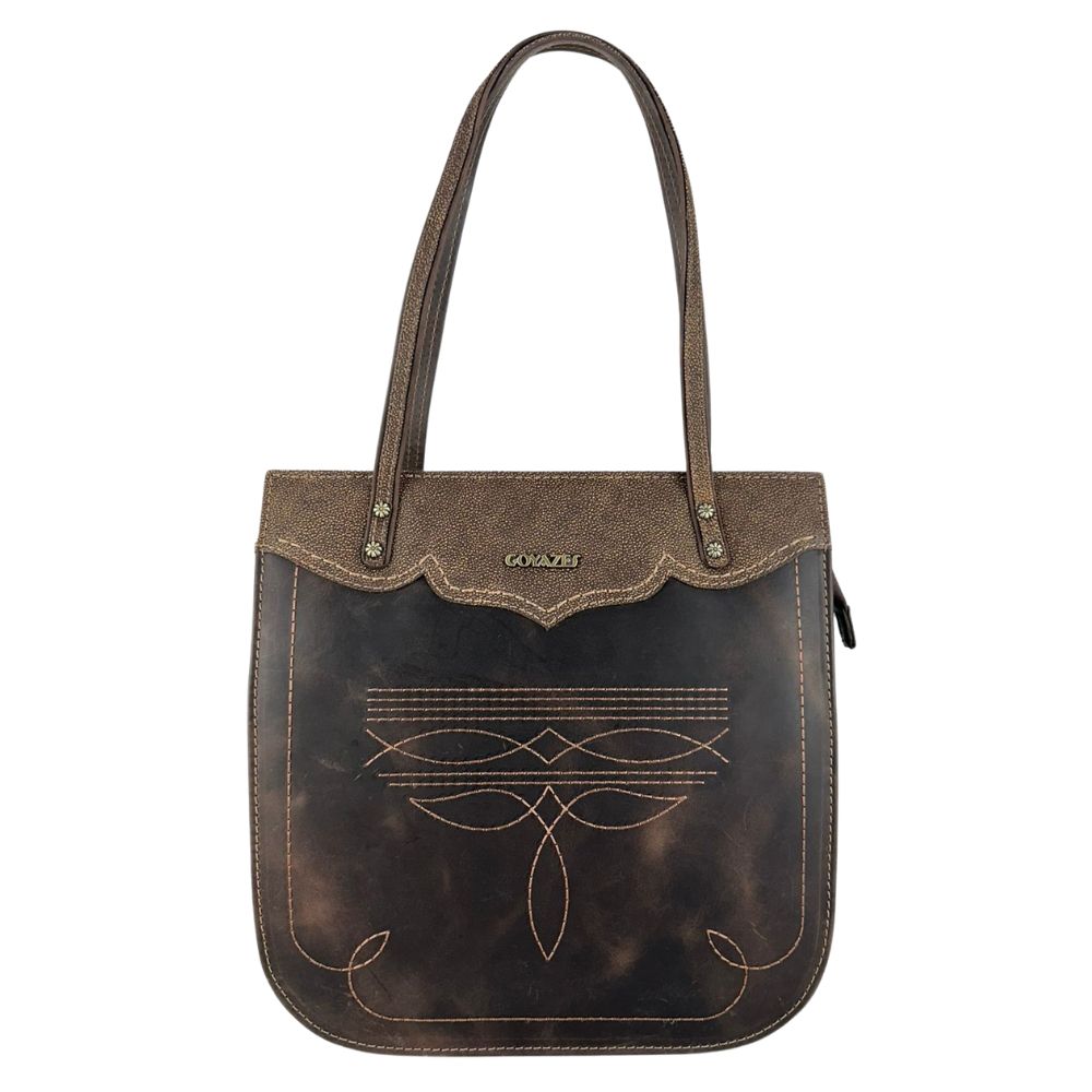 Bolsa Feminina Goyazes Couro Dallas Café Couro Strong Café Bordado Florão Ref:B-2506-4