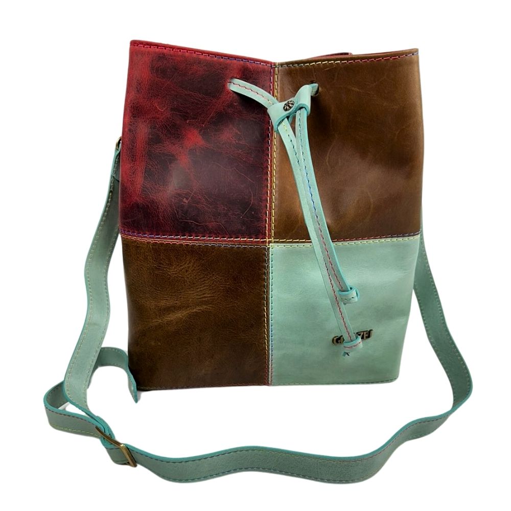 Bolsa Feminina Goyazes Couro Dallas Pinhão - Bo - Pull Up Brown Com Tirinha Azul Claro REF: B-2204