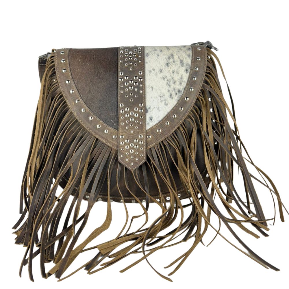 Bolsa Feminina Goyazes Couro Dallas Tabaco Couro Pelo Bovino Café Com Franjas E Tachinhas Prata Ref: B-2508-8