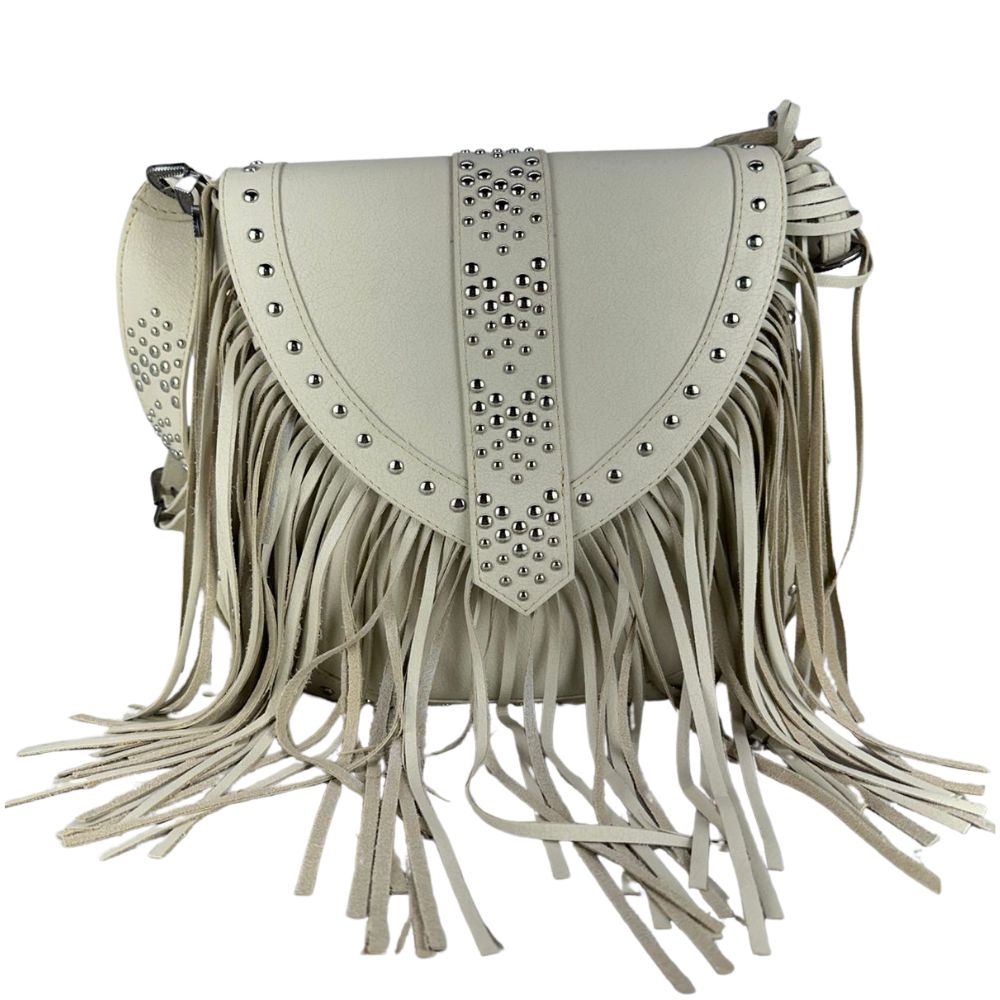 Bolsa Feminina Goyazes Couro Off White Com Franjas E Tachinhas Prata Ref: B-2502-6