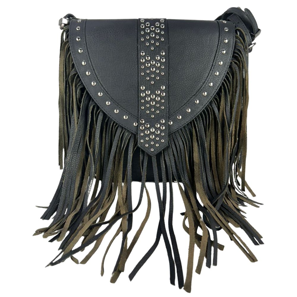Bolsa Feminina Goyazes Couro Pit Stop Preto Com Franjas E Tachinhas Prata Ref: B-2502-1