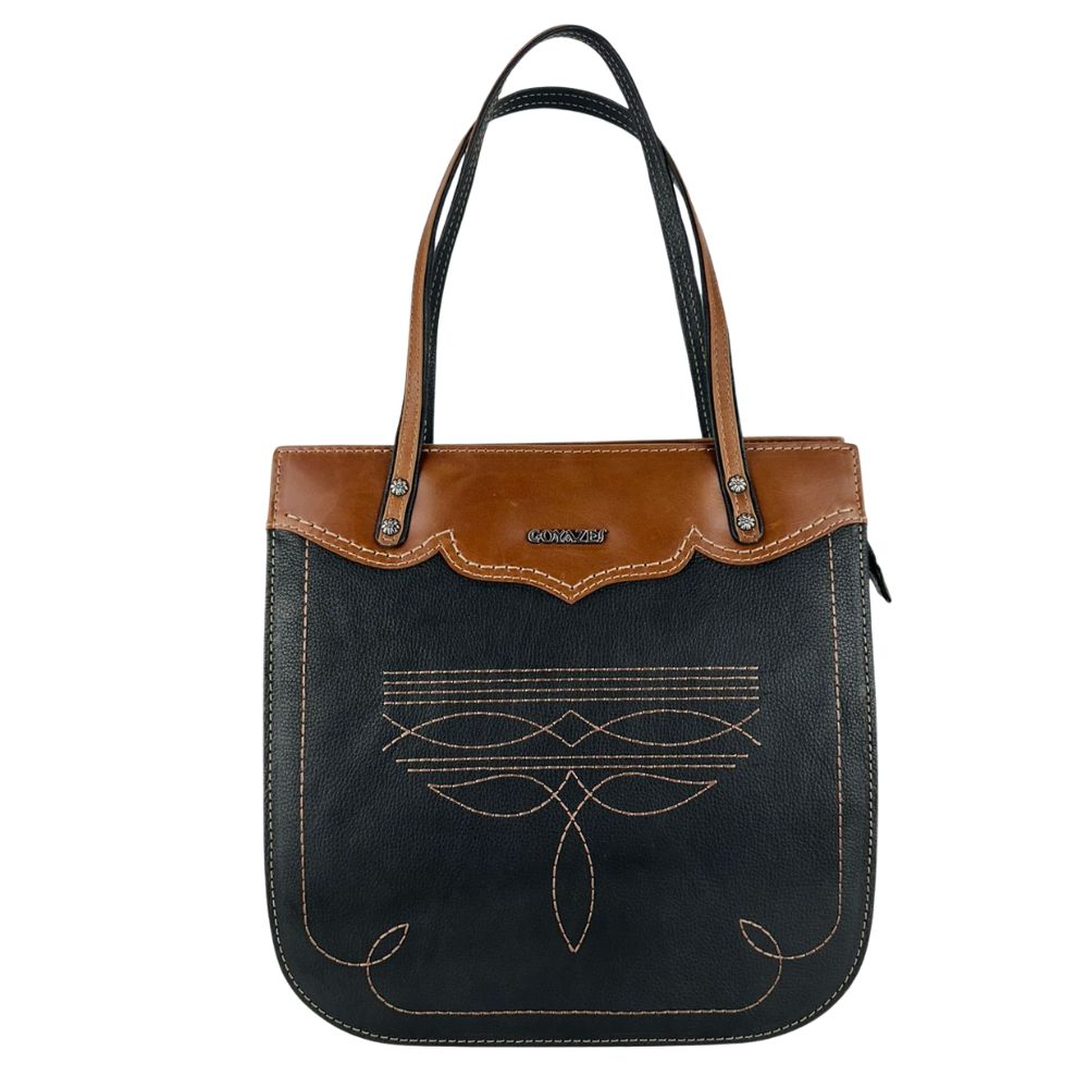 Bolsa Feminina Goyazes Couro Pit Stop Preto Couro Atlanta Caramelo Com Bordado Florão Ref:B-2506-1