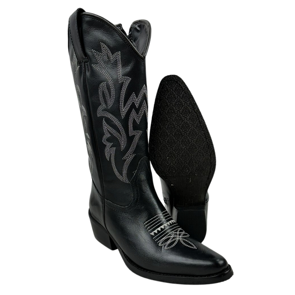 Bota Country Feminina La Mexicana Bico Fino Cano Alto Com Zíper Couro Preto Com Bordado Branco Sola Top Ruber Ref: 03515