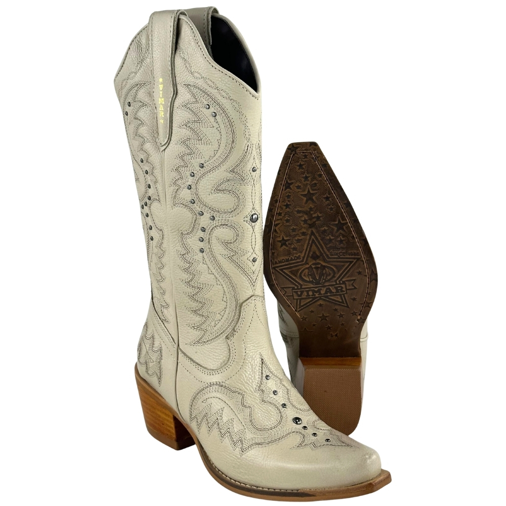 Bota Texana Feminina Vimar Bico Fino Couro Milano Gelo Tachinha Prata Sola Luchese Natural 10287