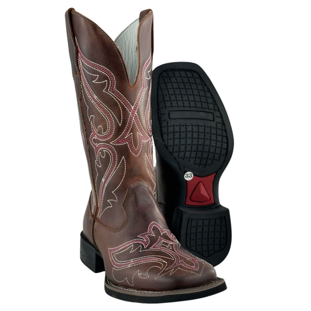 Bota Texana Feminina Big Bull Couro Fóssil/Sela Bordado Rosa E Branco REF: 909.324C