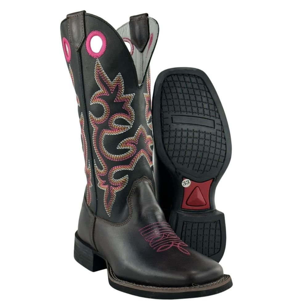 Bota Texana Feminina Big Bull Couro Marrom/Preto Cano Bordado Florão Rosa REF: 909.323F