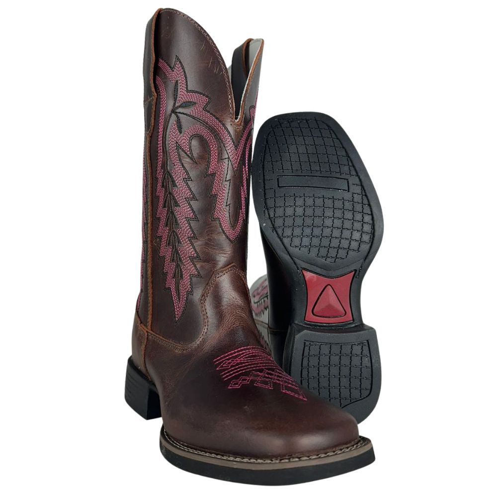 Bota Texana Feminina Big Bull Boots Bico Quadrado Couro Fóssil/Sela Cano Bordado E Florão Rosa Ref:909-318D