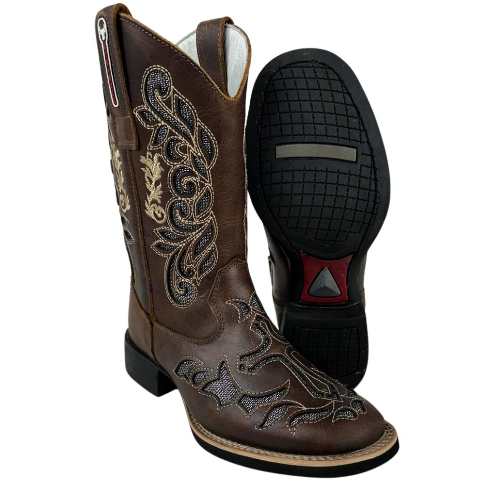 Bota Texana Feminina Big Bull Boots Couro Fóssil Tabaco Bico Quadrado Bordado Bege Fundo Prata Ref:900-L497